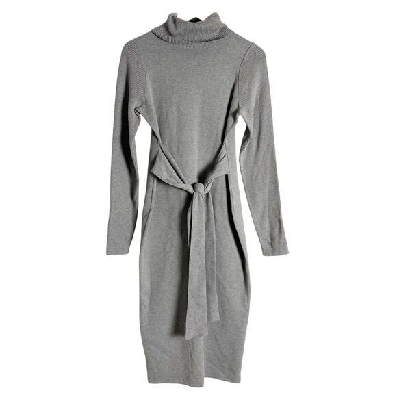 Toccin Gray Knit Tie Front Turtleneck Long Sleeve Sweater Midi Dress Sz M - Picture 6 of 15